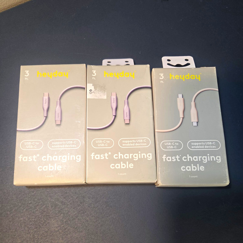 heyday Fast Charging USB-C to USB-C Cable, 3 ft, 2 Purple, 1 Pink