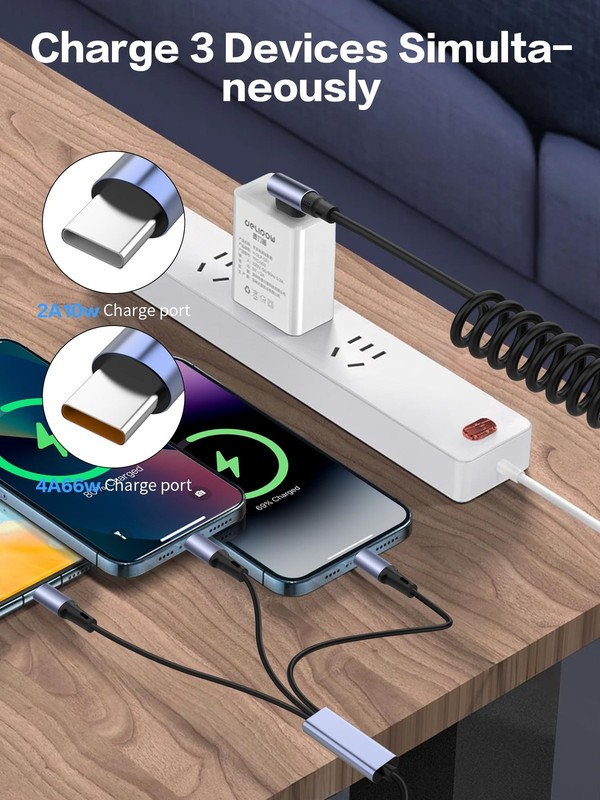 3-in-1 Coiled USB A Fast Charging Cable, 90 Degree Right Angle USB-A Connecto... gallery