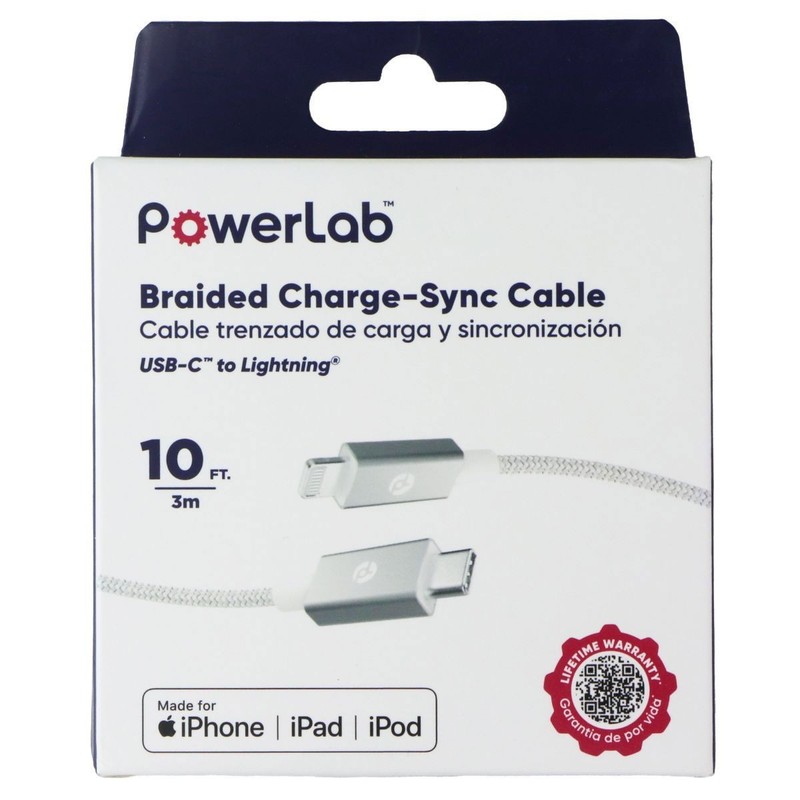PowerLab Braided (10-Ft) USB-C to 8-Pin Charge Sync Cable - Silver/White gallery