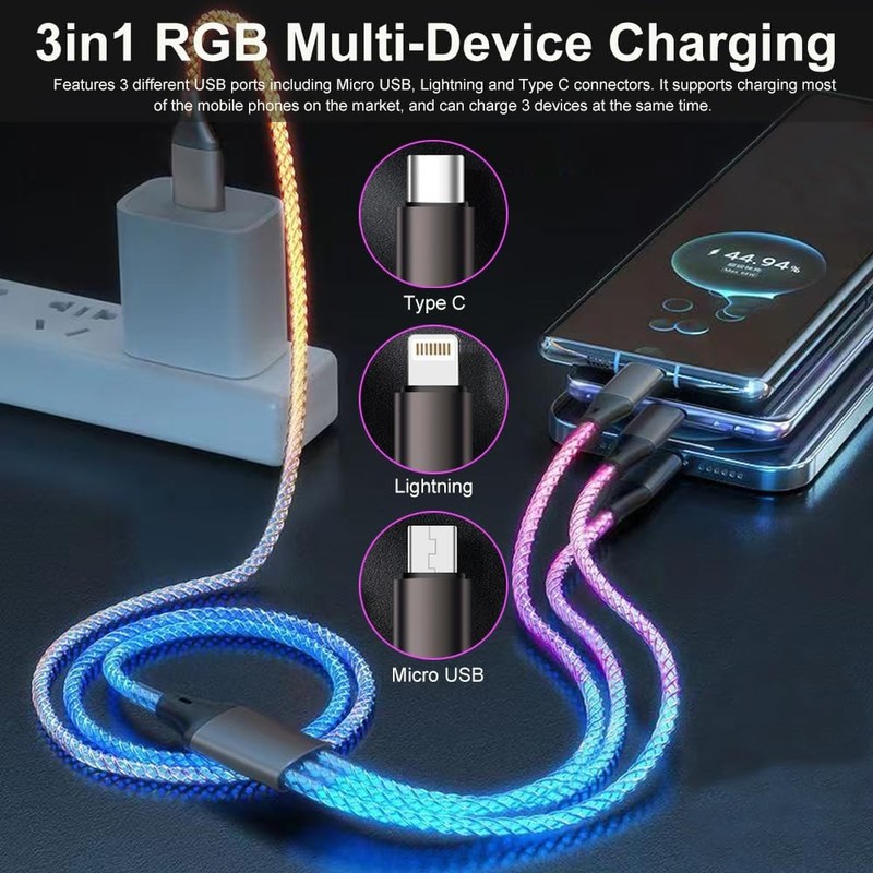 3 in 1 LED Fast Charging Cable Adapter For iPhone Micro USB Type C Charger Cord gallery