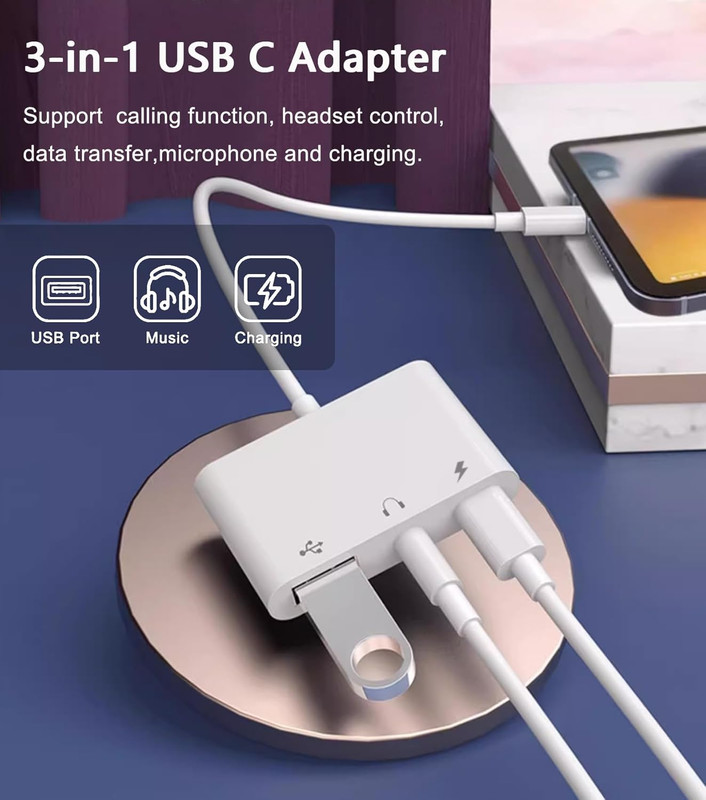 USB C to USB Adapter, 3 in 1 AUX to USB C Adapter with 3.5Mm Headphone Jack + OT gallery