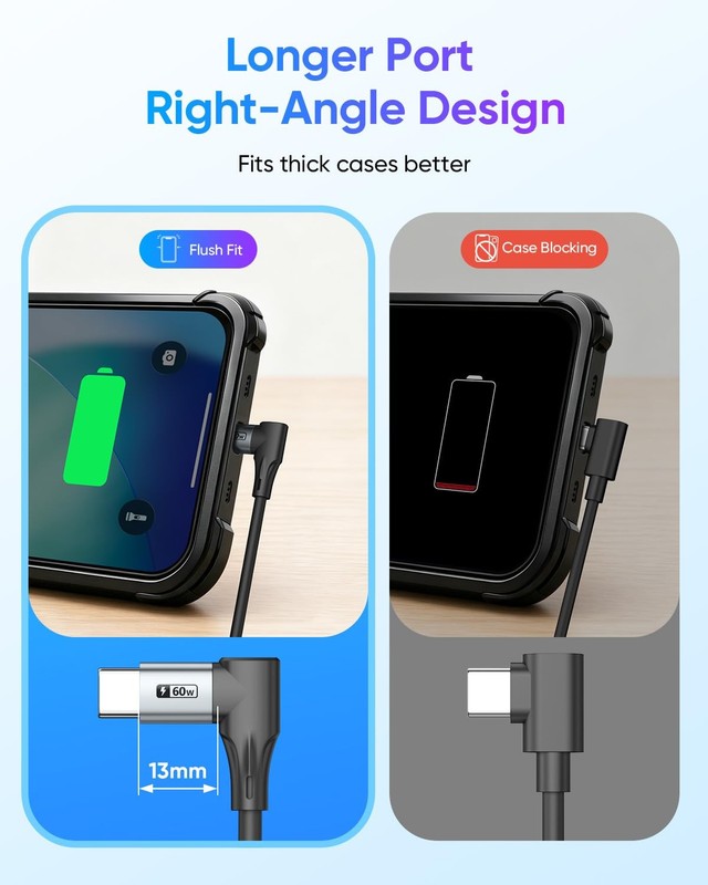Extended Right Angle Coiled USB C Cable, 60W Fast Charging - 2 Pack 5FT gallery