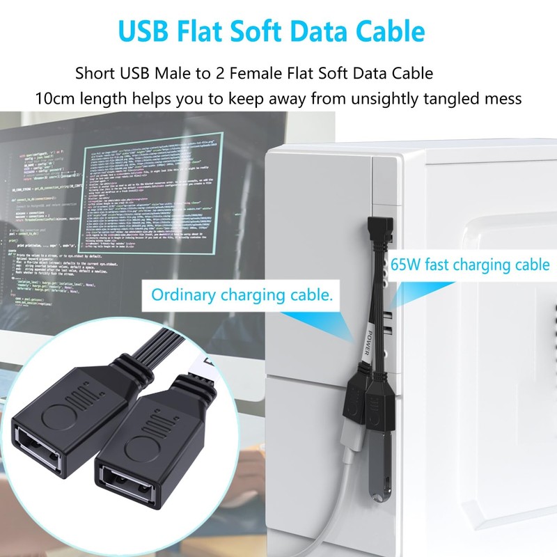 10cm Right Angle 90 Degree PD 65W USB 2.0 Splitter 1 Male 2 Female Fast Cord gallery