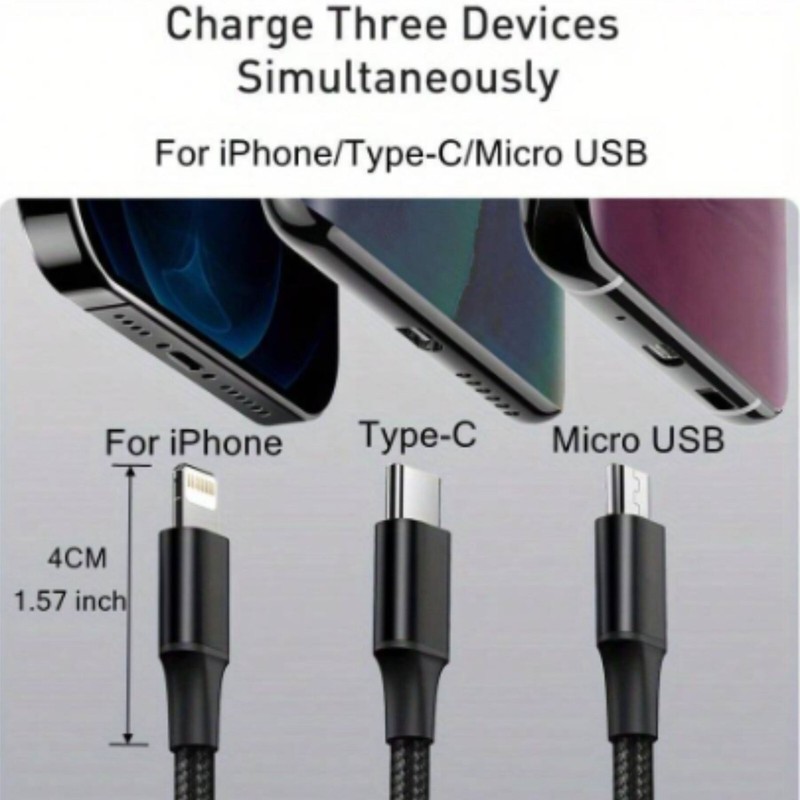 Multi Charging Cable Nylon Braided USB Type-C Universal 3 in 1 Cord Adapter, 4Ft gallery