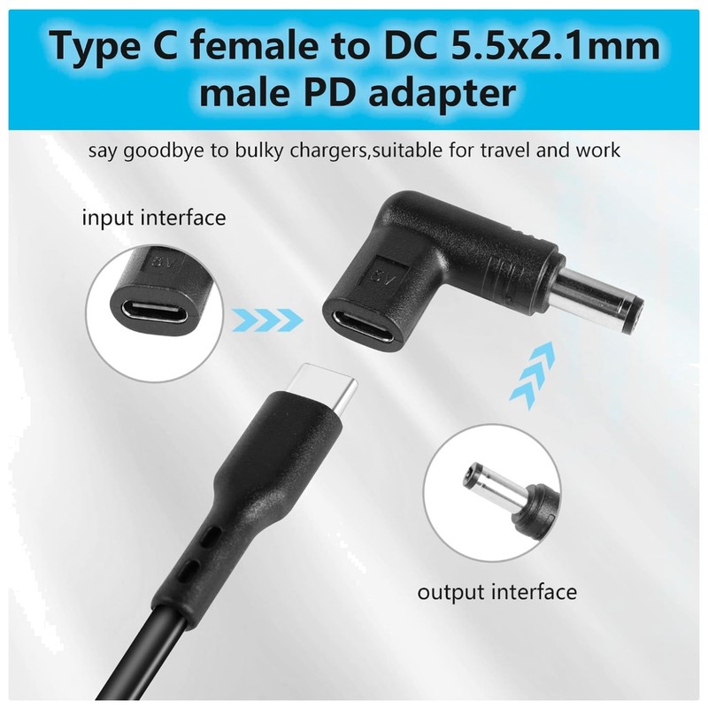 USB 3.1 Type C Female to DC Male Adapter, 90 Degre