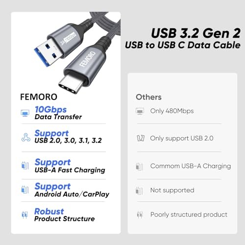 USB A to USB C Data Cable 10ft Long, USB 3.2 Gen 2 Type‑A 10Gbps 10 Feet 1 Pack gallery