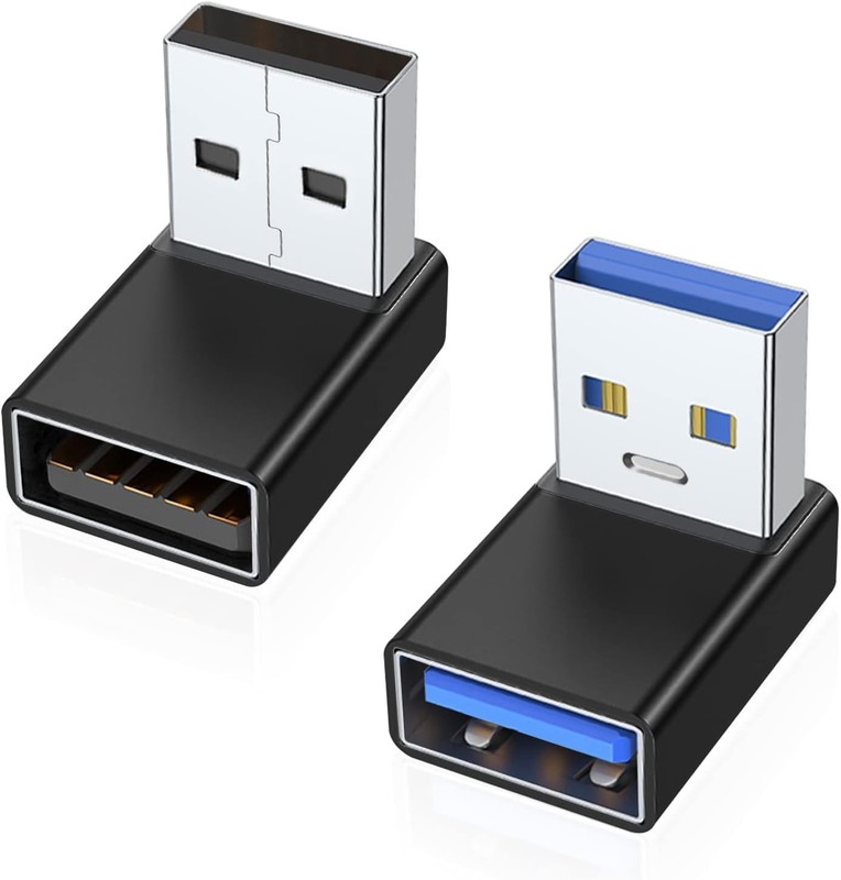 AreMe 2 Pack 90 Degree Down Up Angle USB A Male Female Adapter