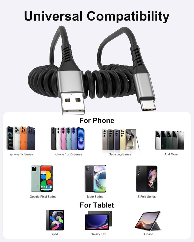 Coiled Carplay Car Charger, 2Pack 3Ft USB a to USB C Car Cable for Android Auto gallery