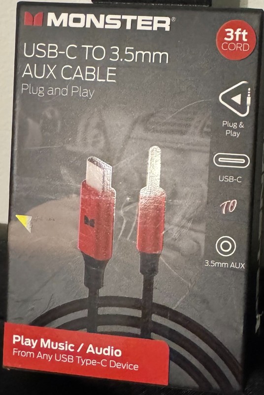 Monster USB-C to 3.5mm AUX Cable music/audio 3ft cord