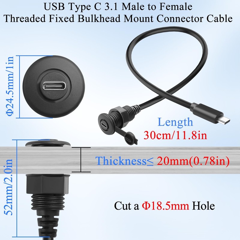 10Gbps USB 3.1 Threaded Fixed Short Cable Connector USB 3.1 to Female Embedde... gallery
