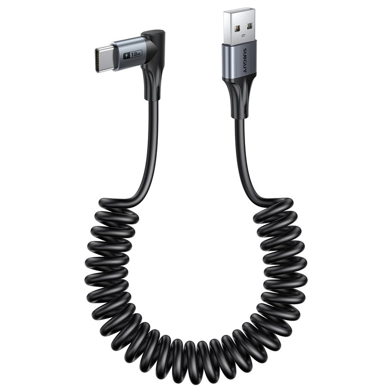Long Right Angle Coiled USB Cable for Heavy Duty Cases 5FT [Stretches from: 1...