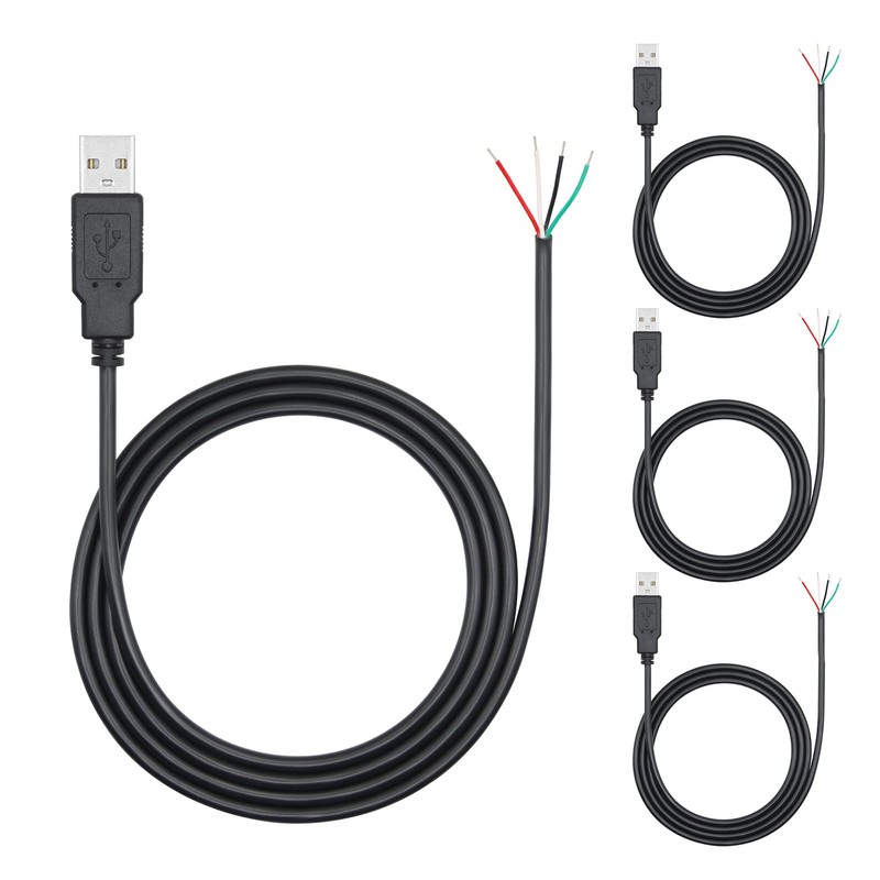 4 PCS USB A Male 4 Pin Bare Wire 1M/3FT 5V/2A Pigtail Open End Power Data Cord