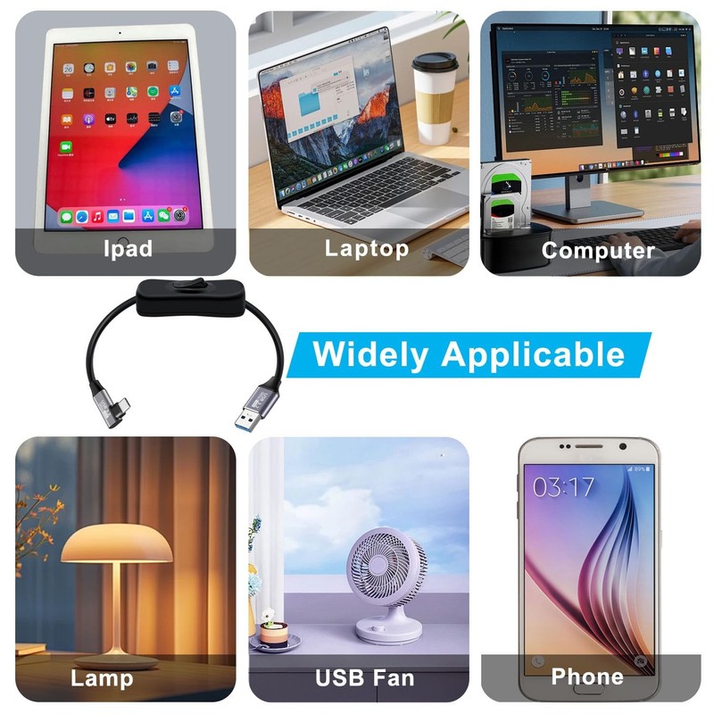 90 Degree USB C Cable Switch 3.2 Type C Fast Charging 60W 3A Black 2FT/0.6M gallery