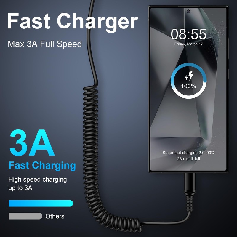 Android Auto USB C Cable Fast Charging Cord Samsung S25 FE Coiled USB C to USB A gallery