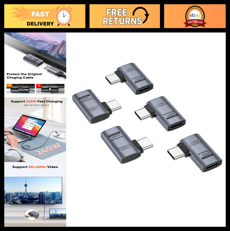 Right Angle USB C Adapter 5 Pack - 90 Degree Male to Female, 40Gbps 240W, Thunde