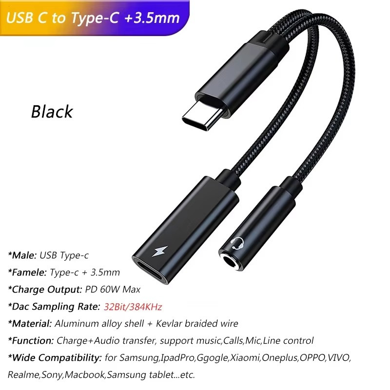 Black 2 In 1 USB C 35mm Jack Audio Adapter DAC Earphone Converter Cable