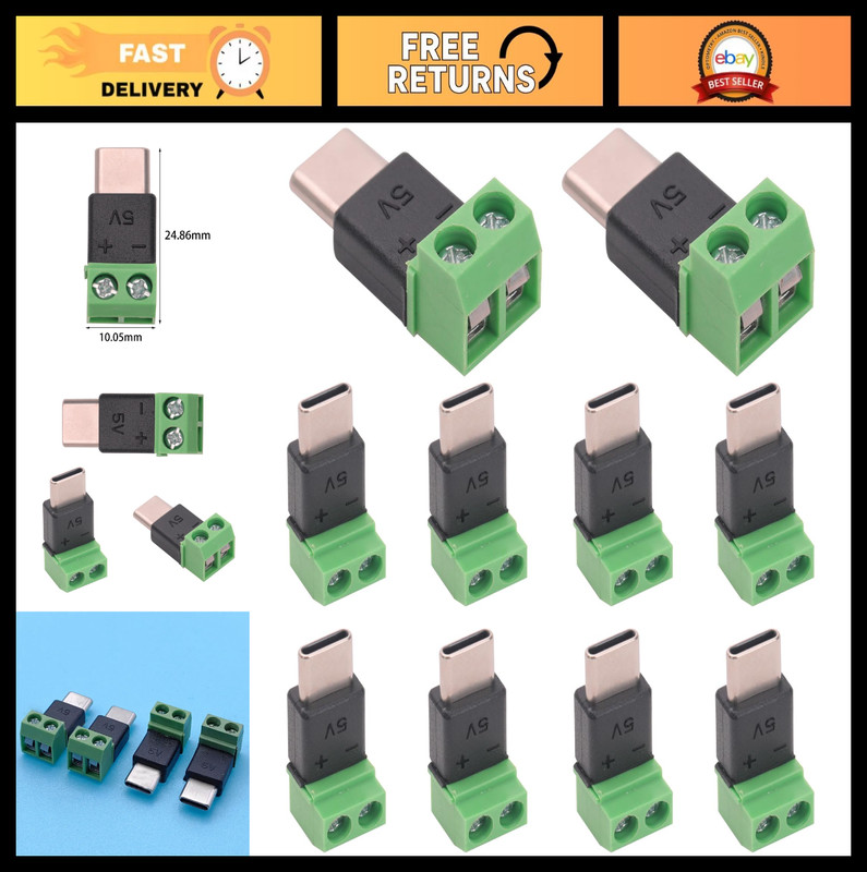 10PCS USB C Male to 2 Pin Screw Terminal Adapter, 5V Solderless Connector for To