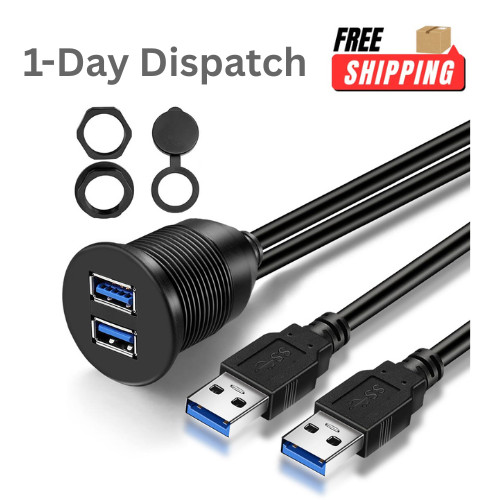 USB 3.0 Car Flush Mount Cable Double Ports Dash Adapter 1ft Waterproof