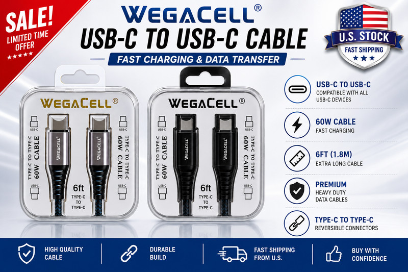 WEGACELL USB-C to USB-C Cable – 6FT (1.8M) – 60W Charging Cable