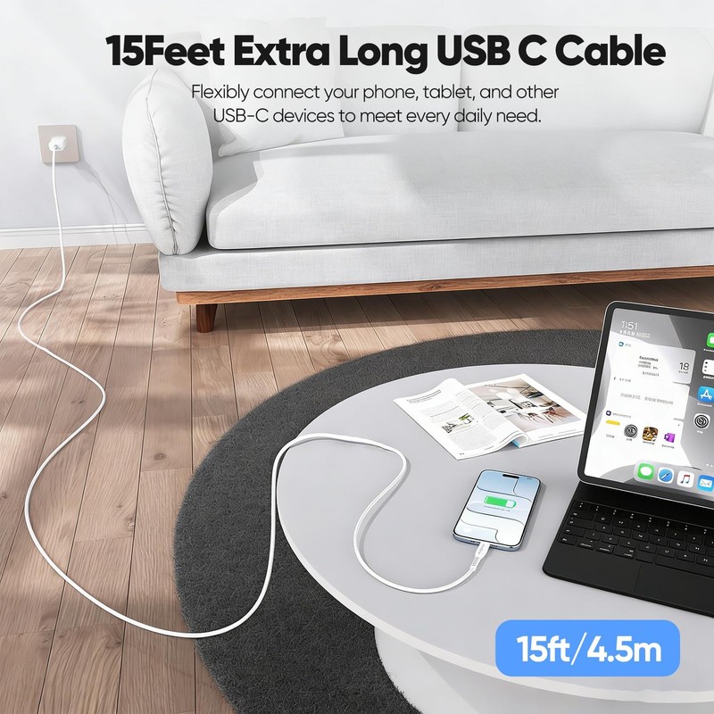 VoroDcip USB C Cable 15 Ft, Extra Long USBC to Type C 60W Fast 15 Feet, White gallery