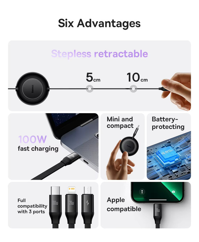 3 in 1 retractable Type-C cable 100W Super Charging | iPhone Macbook Samsung gallery