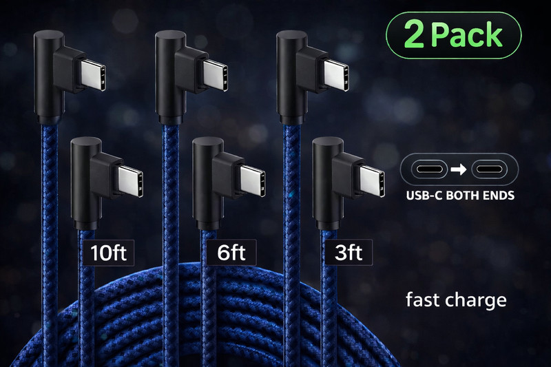 2 PACK USB-C to USB-C 90 Degree Angle Charger Cable Fast Charging Type Sync Cord gallery