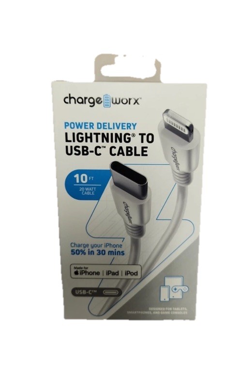 Charging Cord to USB-C Cable ChargeWorx CX4630WH 10 Ft Power White iPhone NEW