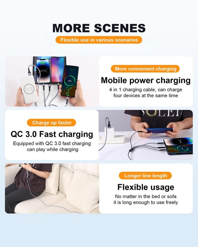 SIQIWO Multi USB C Cable Fast Charging, [4FT/2 Pack] QC 3.0(3A) 4ft, Gray gallery