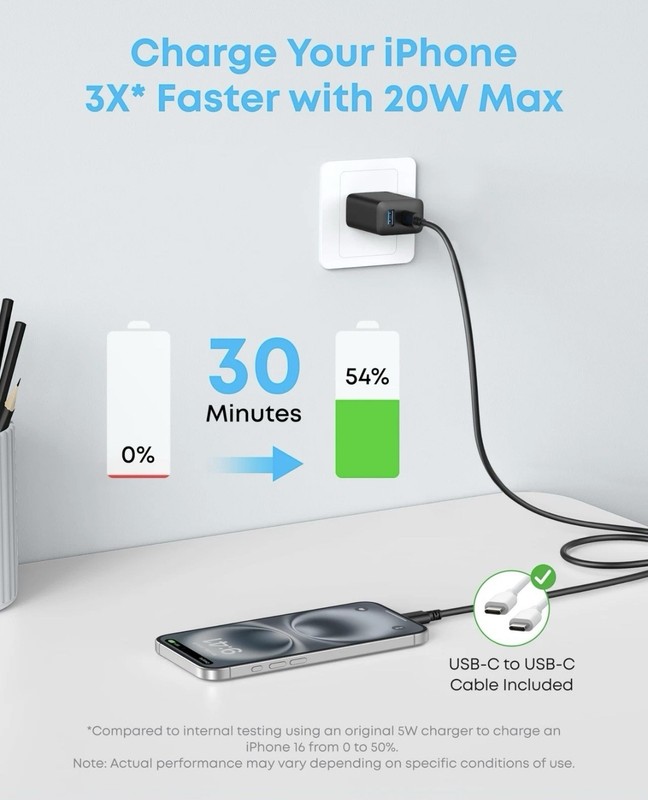 Anker iPhone 16 Charger 20W USB-C Fast Charging Block 2-Pack + 2 Cables gallery