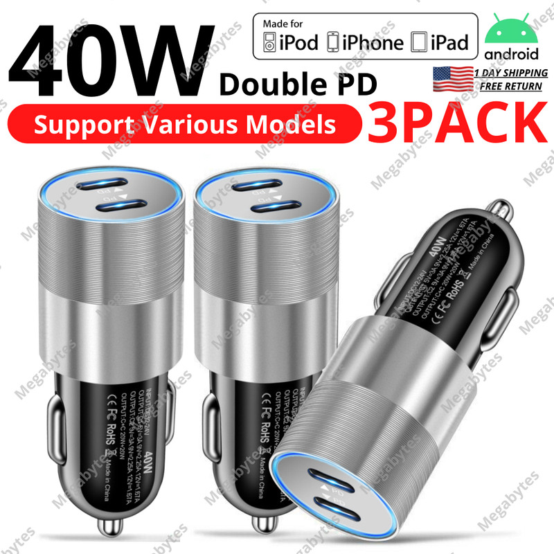 Car Charger 40W Dual PD USB-C Fast Adapter For iPhone 15 14 13 12 11 Pro Max