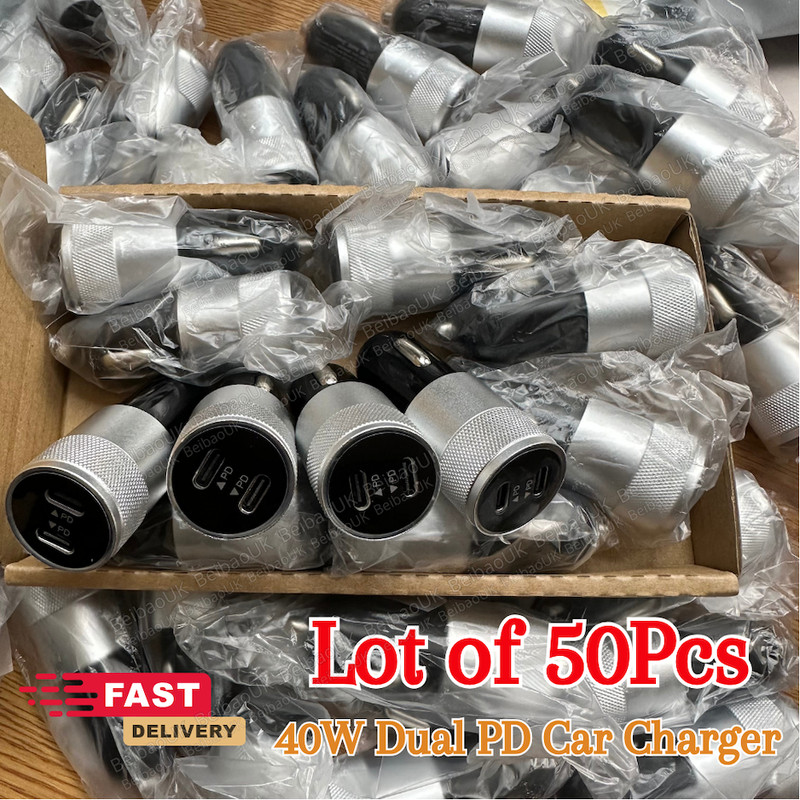 50Pack Car Charger 40W Dual PD USB-C Fast Adapter Lot For iPhone 17 16 15 14 12