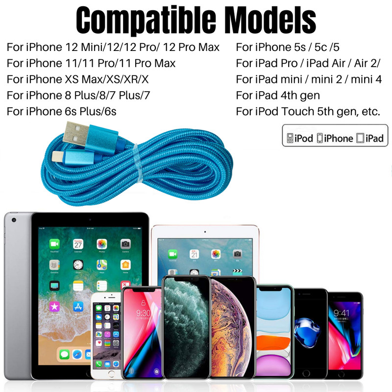 For iPhone 14 13 12 11 XS XR X 8 7 6 5 SE USB Charger Cable Data Sync Cord 10FT gallery