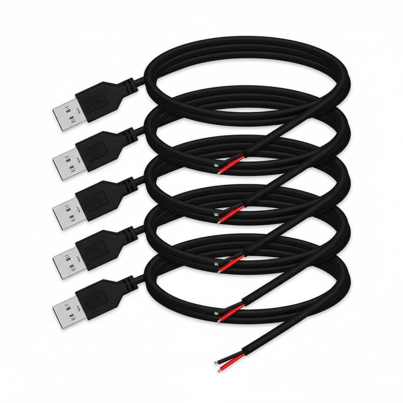 5 PCS 3.28FT 24AWG USB 2.0 Male 2 Pin Bare Wire Pigtail Cable 5V 2A Extension
