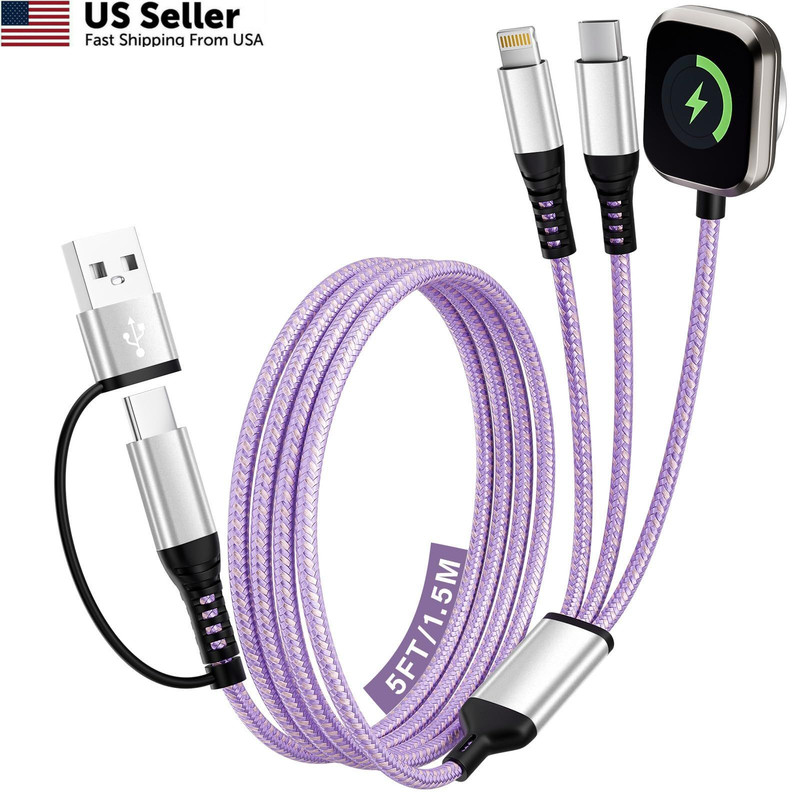 Travel Essentials, 3 in 2 USB A/C Cable to iPhone 17 1Pack5FT, Purple