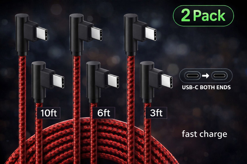 2 PACK 90 Degree Angle USB-C to USB-C Charger Cable Fast Charging Type Sync Cord