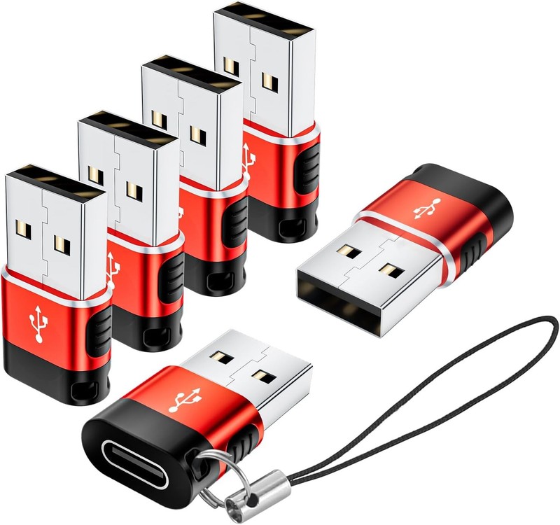 USB to USB C Adapter 6-Pack: USB A to USB C Female Converter (Red)