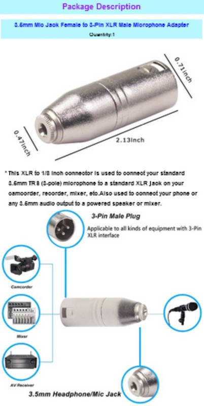 Substitutable Premium Real Durable 1x 3.5mm Female to 3-Pin XLR Male Adapter US gallery