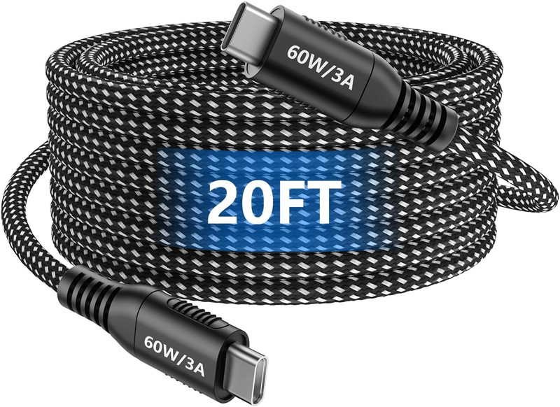 20FT USB-C to USB-C Cable, 60W Fast Charging, Braided Type C Cable with USB 2.0