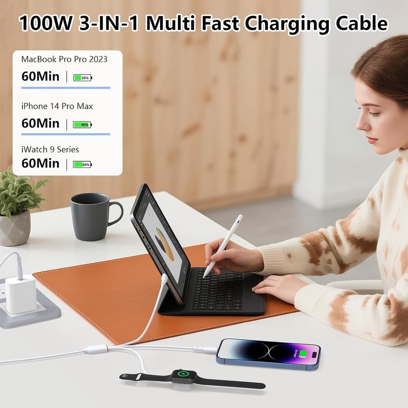 100W USB C Multi 3 in 1 Smart iWatch Charge Cable for iPhone/Apple Watch, Typ... gallery