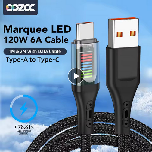 OOZCC USB to USB Type C Data Cable 120W Charging Cord Marquee LED 3 Feet New