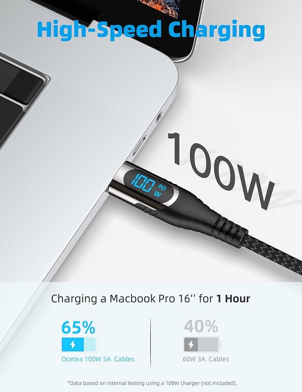 USB C to C 3M 100W Nylon LED Display Braided gallery