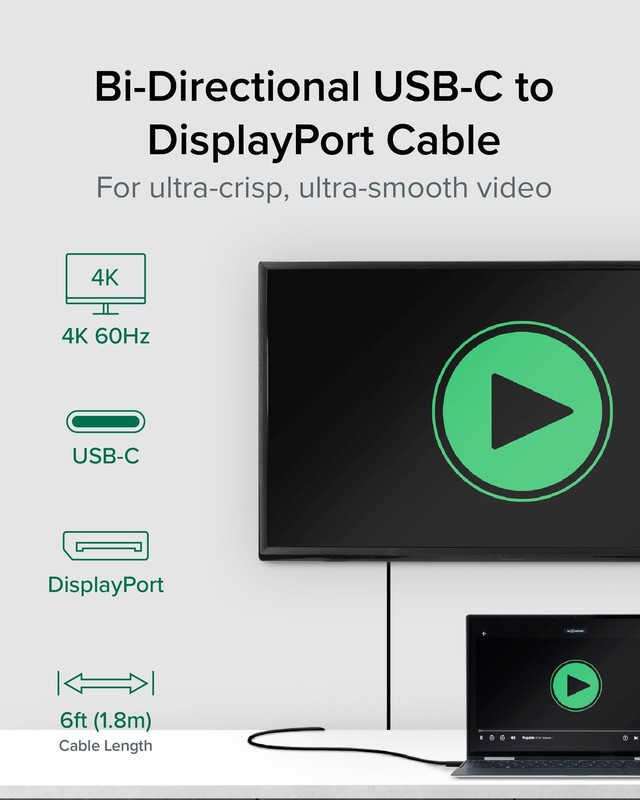 USB C to DisplayPort Bi Directional Cable 6 feet (1.8m), Up to 4K at 60Hz, US... gallery