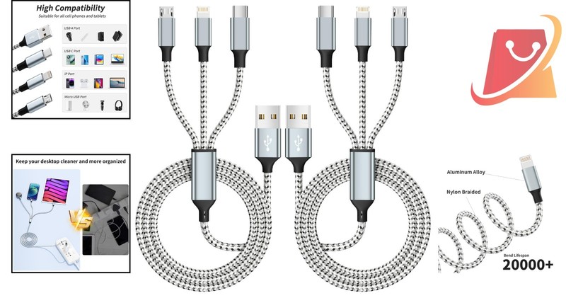 Multi Charging Cable 2Pack 4FT Nylon Braided 3-in-1 USB Micro USB Type-C for ... gallery