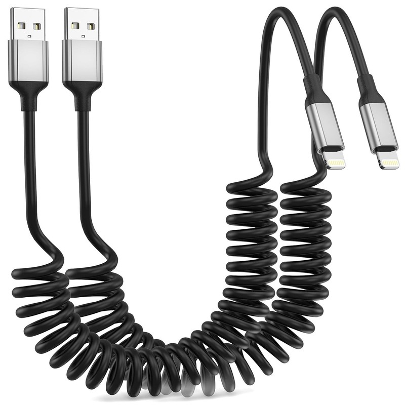 Car Coiled Lightnng Cable 2Pk Retractable iPhone Fast Charging Short 3Ft Cord gallery