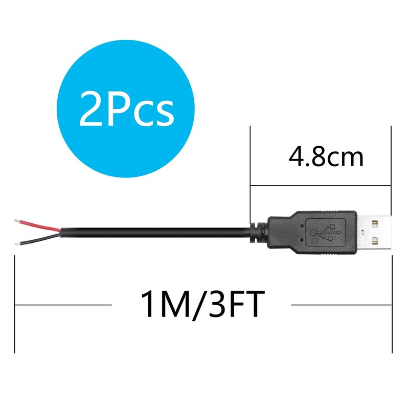 2 PCS 3 FT USB A Male 2-Pin Bare Wire Pigtail Open End Power Cable 5V/3A gallery