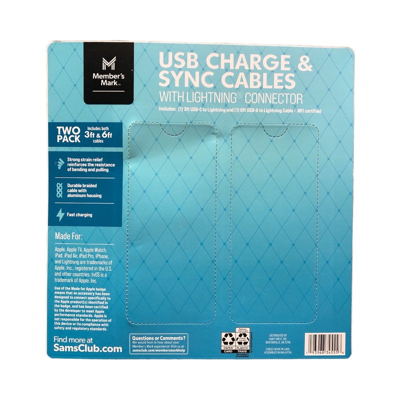 Member's Mark USB Charge & Sync 8-Pin Cables - Made for iPhone, iPad, iPod gallery