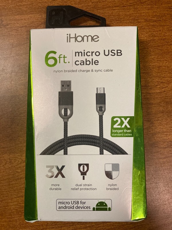 iHome 6ft micro USB Nylon Braided Charge & Sync Cable Android LG Samsung HTC