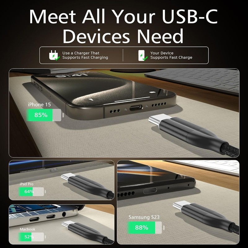 10Ft USB C to USB C Cable 60W PD Type C Fast Charger For iPhone 15 16 17 Air Lot gallery