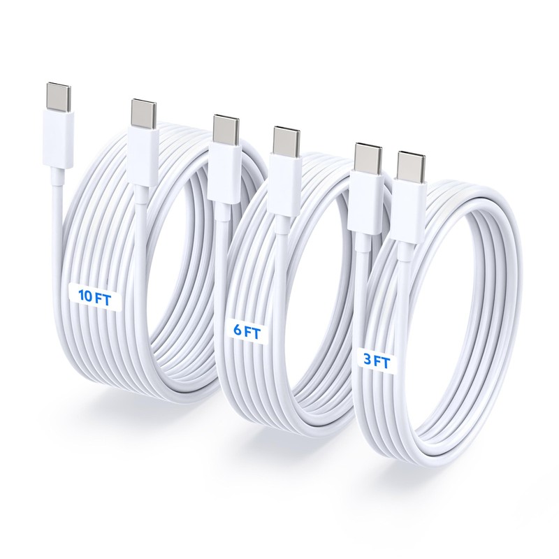 3-Pack USB-C to USB-C Fast Charging Cable for iPhone 17, 16,15 – White