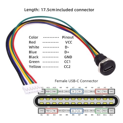 Type C Female Socket 6Pin Header 24AWG 2.0mm Panel Mount DC Power Cable Set gallery